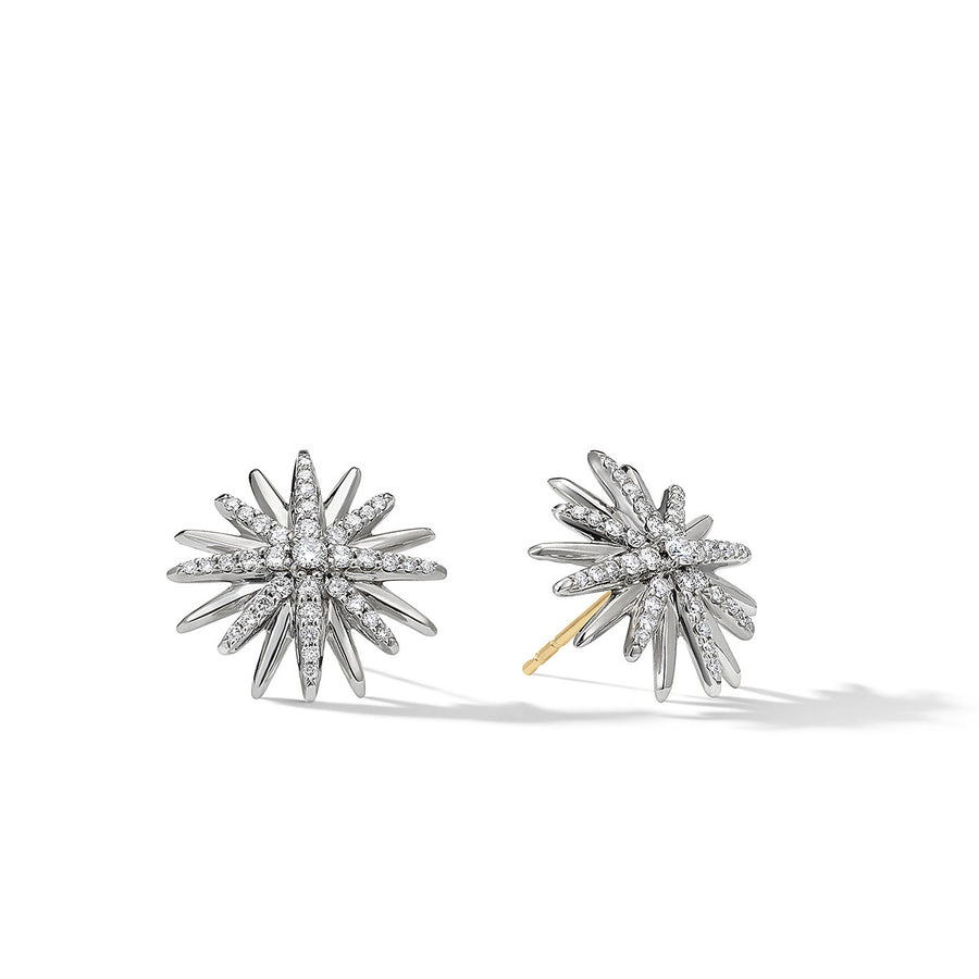 Starburst Stud Earrings in Sterling Silver with Pave Diamonds