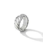 Sculpted Cable Ring in Sterling Silver with Pave Diamonds