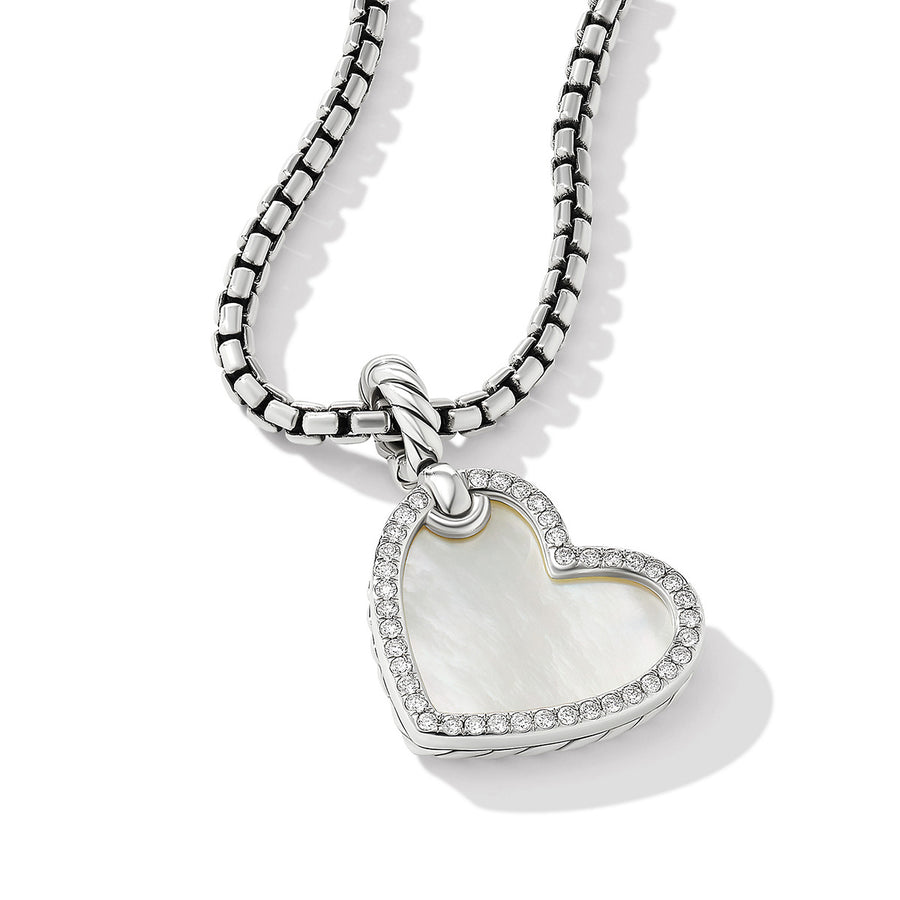 Heart Amulet in Sterling Silver with Mother of Pearl and Pave Diamonds