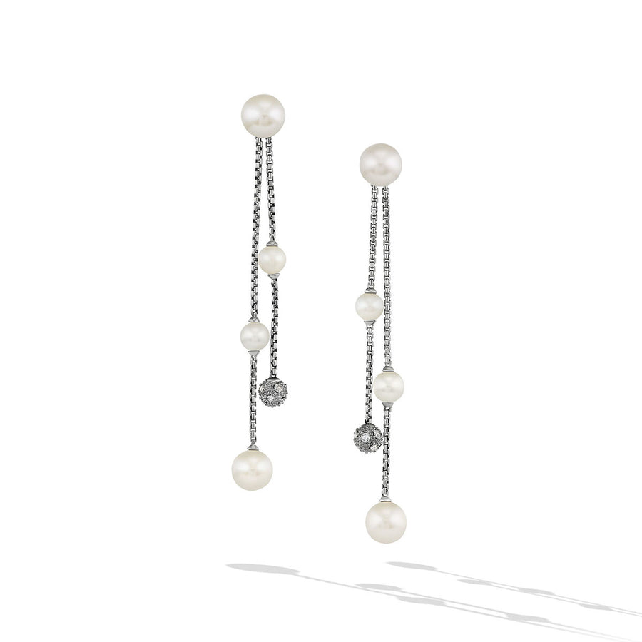 Pearl and Pave Two Row Drop Earrings in Sterling Silver with Diamonds