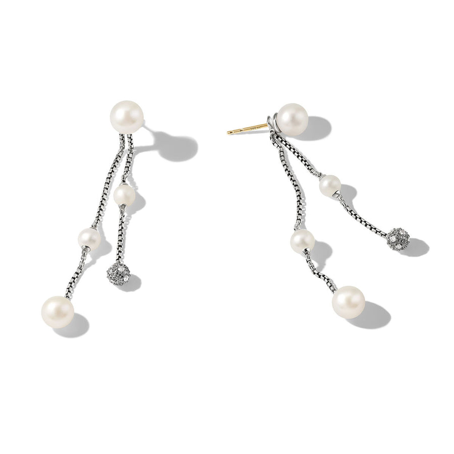 Pearl and Pave Two Row Drop Earrings in Sterling Silver with Diamonds