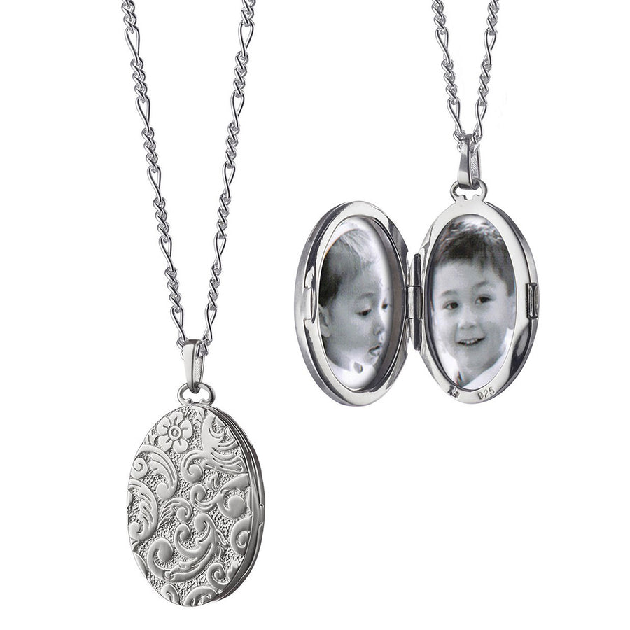 Floral Oval Locket Necklace in Silver