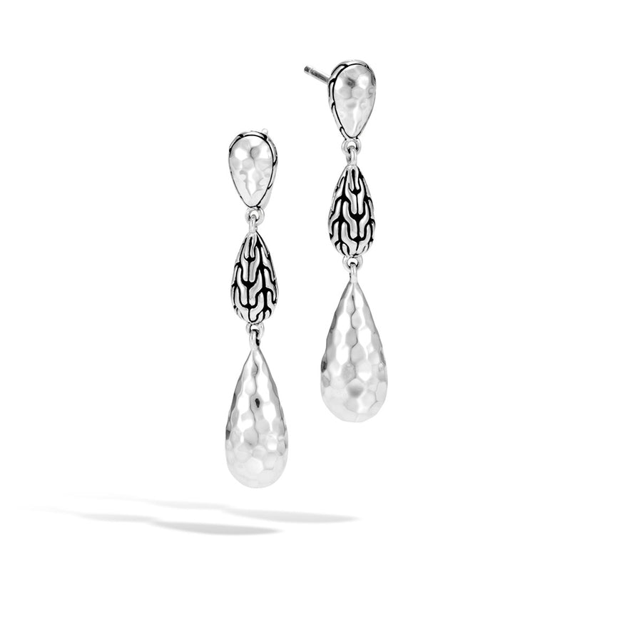 Classic Chain Hammered Silver Long Drop Earrings