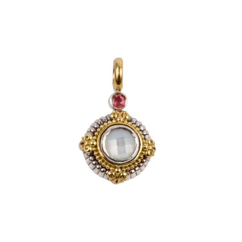 Mother of Pearl Pink Tourmaline Silver & Gold Pendant