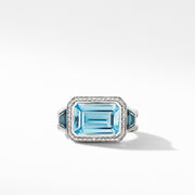 Novella Three Stone Ring with Blue Topaz and Pave Diamonds