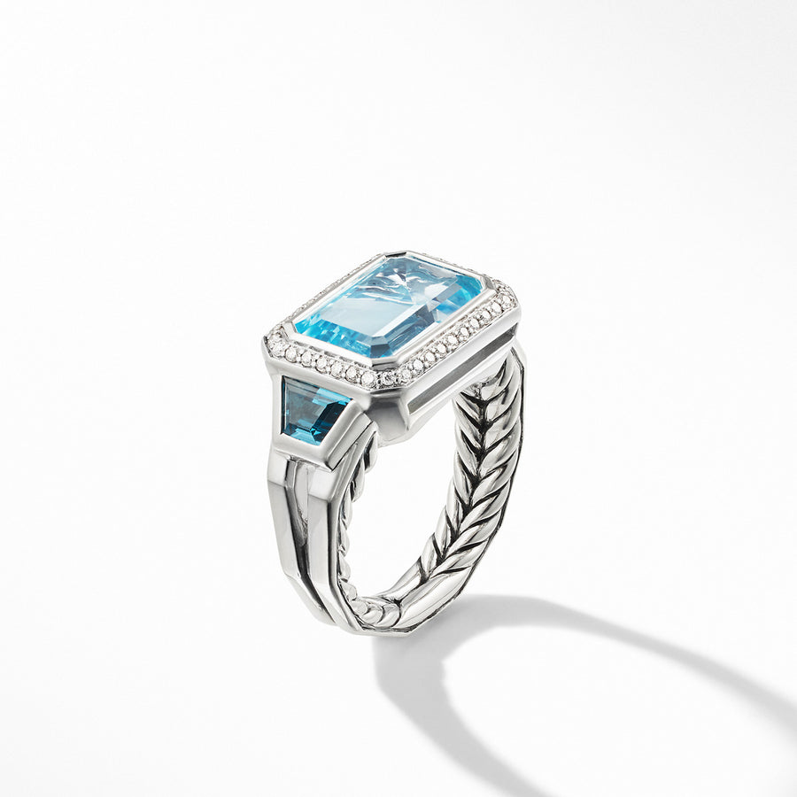 Novella Three Stone Ring with Blue Topaz and Pave Diamonds
